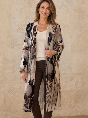 Marla Wynne Floral Duster Cardigan L Lightweight Open Front Longline Topper